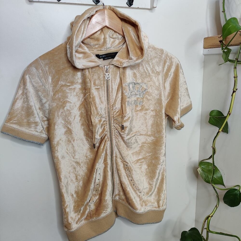 BCBG MAXAZRIA Tan Velour Terry Cloth Hooded Short Sleeve Track Jacket Size Med